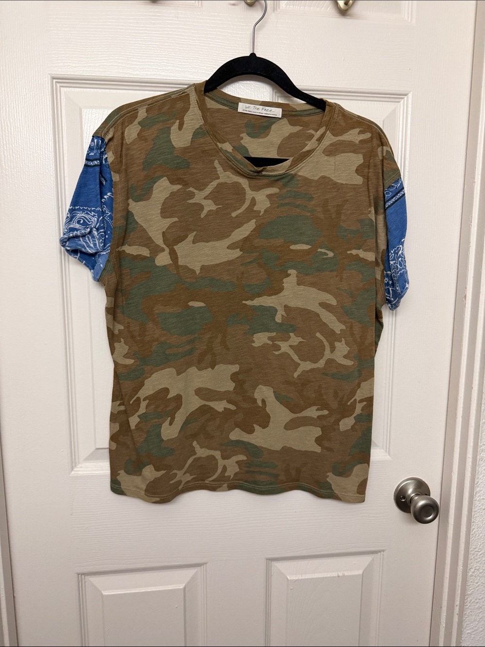 Free people Camo Tee with Blue Bandana Sleeves